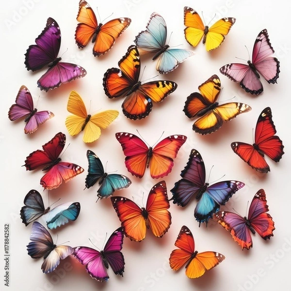 Fototapeta  various colorful butterflies on white background 3 D