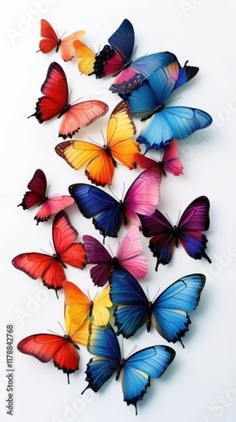 Fototapeta  various colorful butterflies on white background 3 D