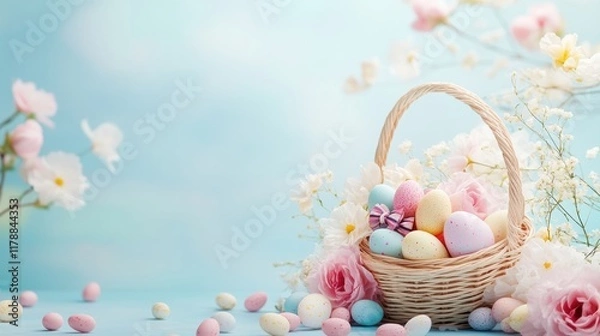 Obraz Geflochtener Osterkorb mit pastellfarbenen Eiern und Frühlingsblumen vor blauem Hintergrund, Woven Easter basket with pastel-colored eggs and spring flowers on blue background