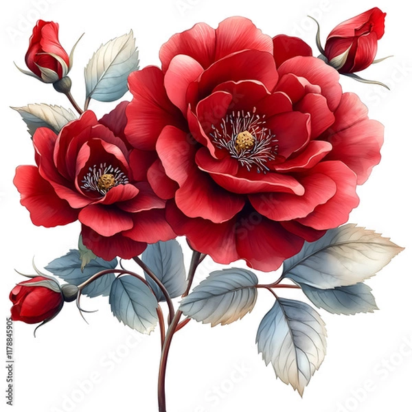 Fototapeta Nature, flowers, clipart watercolor painting of flower, symmetrical pattern, botanical print on white background, vintage style.QW-0925