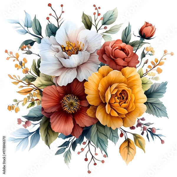 Fototapeta Nature, flowers, clipart watercolor painting of flower, symmetrical pattern, botanical print on white background, vintage style.QW-0905