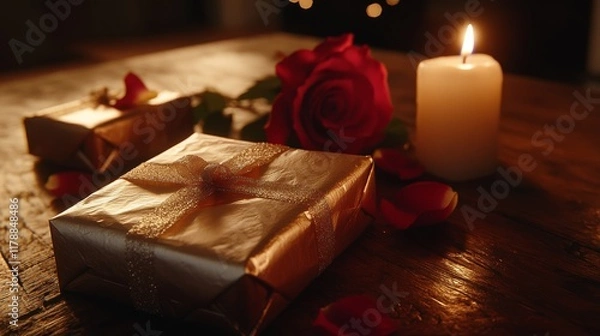 Fototapeta 72.An intimate close-up of candlelight reflecting off the glossy wrapping of gift boxes and the petals of roses, creating a romantic atmosphere on a rustic wooden table in a modern kitchen.