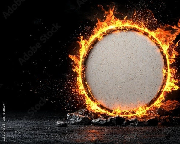 Fototapeta Fiery Ring of Fire with Blank Center Burning Embers Dark Background Abstract Concept