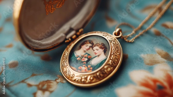 Fototapeta ornate vintage locket open to reveal two miniature portraits of women, surrounded by intricate gold detailing, resting on floral fabric background