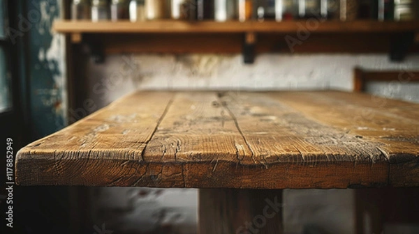 Fototapeta A close-up of a vintage wooden table in an empty, minimalist interior exudes warmth and nostalgia, showcasing the beauty of aged wood and timeless simplicity in design.