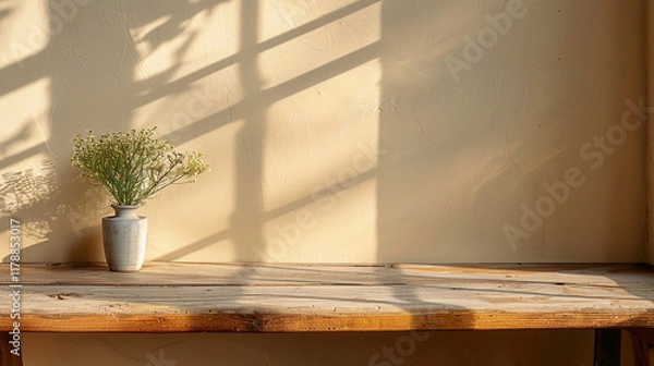Fototapeta A close-up of a vintage wooden table in an empty, minimalist interior exudes warmth and nostalgia, showcasing the beauty of aged wood and timeless simplicity in design.