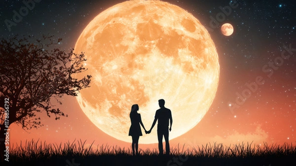 Fototapeta Silhouette of couple holding hands under glowing full moon and starry sky, with tree and grass in foreground, evoking romance and serenity