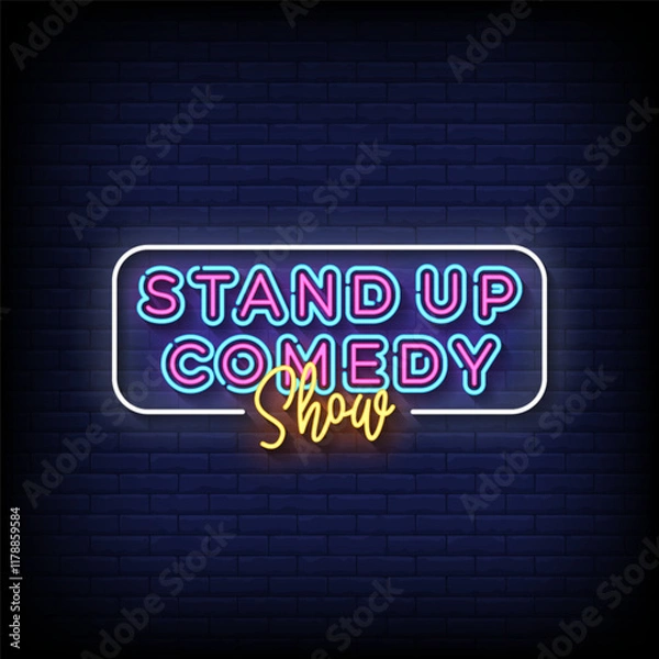 Obraz stand up comedy neon sign style with brick wall background vector