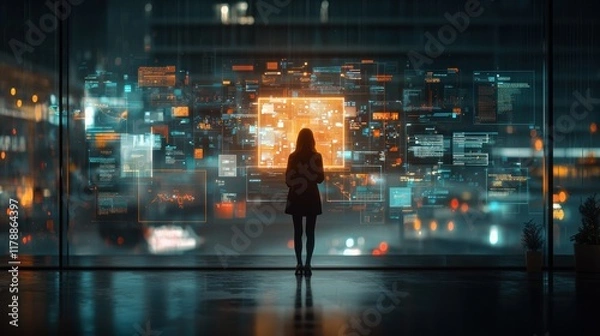 Obraz Innovative business workflow visualization modern office digital content futuristic environment eye-level view holographic technology concept