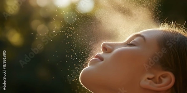 Fototapeta A woman basks in gentle mist, with sunlight and bokeh effect creating a serene and refreshing atmosphere.