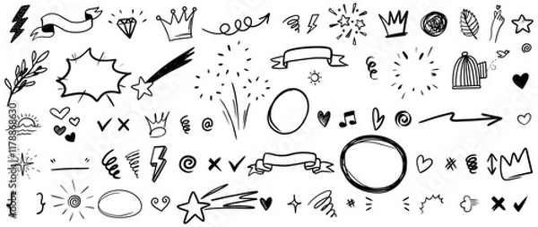 Fototapeta Hand drawn doodle style collection of heart, scribble, star, check mark, spirals, arrow, highlight, speech bubble, underline, sparkles, leaves, wind, lightning, and emphasis element.