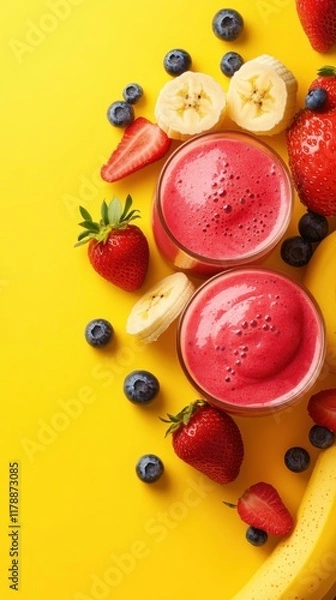 Fototapeta Fresh smoothies with vibrant fruits arranged nicely on a bright yellow background
