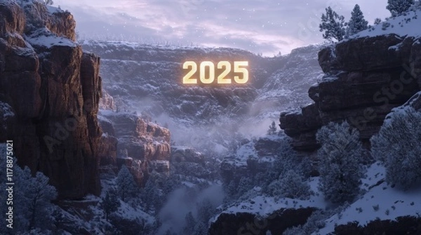 Fototapeta A glowing "2025" floating above a serene, snow-covered canyon