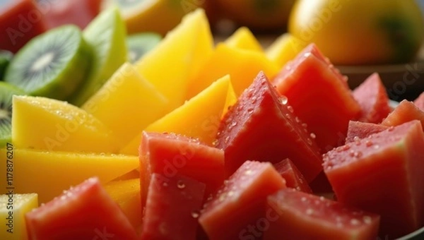 Fototapeta Fresh colorful tropical fruit slices including watermelon, mango, and kiwi arranged on plate, healthy snack or summer party, vibrant natural light, juicy texture, close-up shot bright background