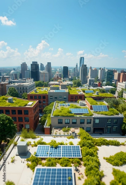 Obraz Green Roofs and Solar Panels in a Sustainable Cityscape, low-poly, with white tones