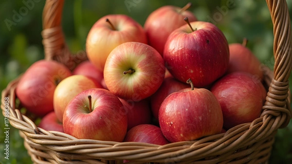 Fototapeta Freshly picked apples in a basket. Ultra realistic apple imagery. Harvesting apples from the orchard. Delicious apple varieties for fall.