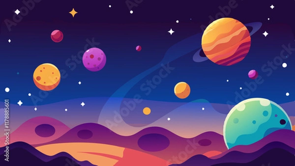 Fototapeta Bright and colorful planets with stars scattered across a cosmic space scene.
