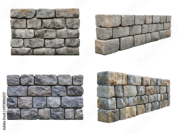 Fototapeta A collection of different stone wall textures in various angles, isolated on transparent or white background