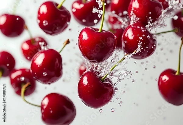 Obraz Red Cherries Splashing in Clear Water with a Fresh Perspective