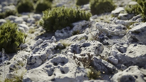 Fototapeta Close-up of ancient dinosaur footprints embedded in rocky terrain with sparse vegetation, showcasing prehistoric life and natural history. Paleontology and geology concepts