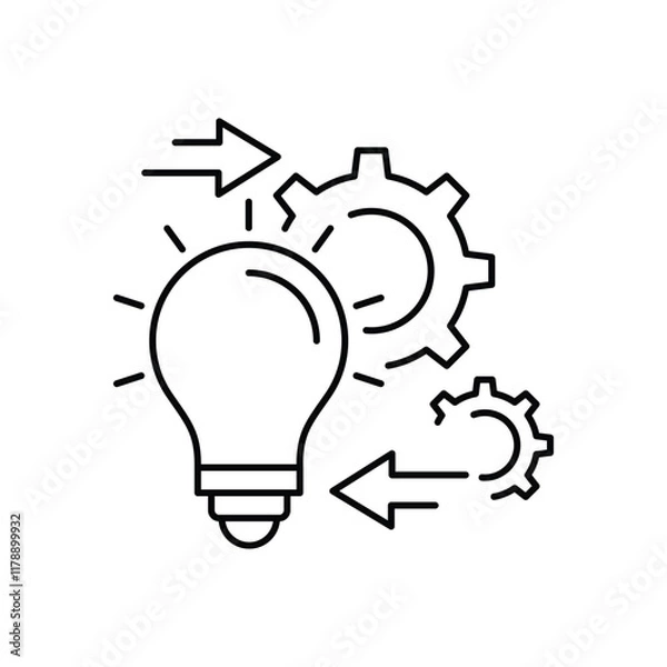 Obraz Implementation Vector Line Icon, solution execute develop, configuration cogwheel with light bulb, innovation analysis process, success industry preferences, vector illustration