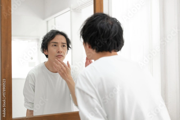 Fototapeta 鏡を見るミドル男性