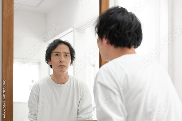 Fototapeta 鏡を見るミドル男性