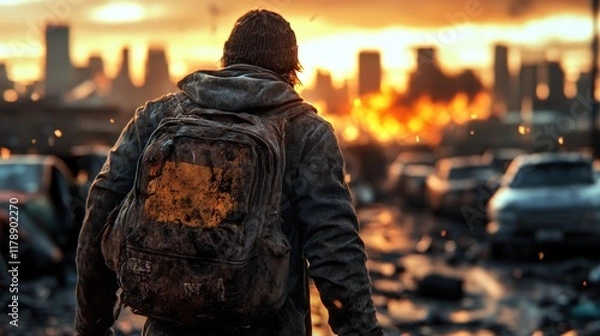 Fototapeta A lone survivor stands with a weathered backpack in a post-apocalyptic urban landscape, illuminated by a dramatic sunset, symbolizing persistence against overwhelming odds.