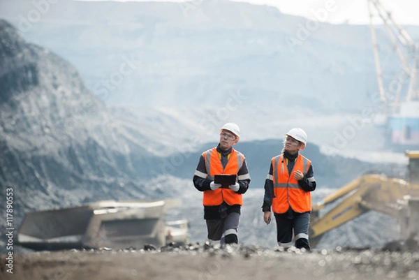 Fototapeta Workers with coal at open pit