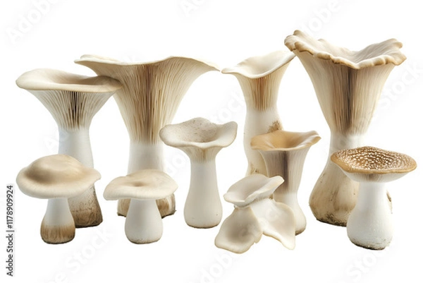 Fototapeta Set of king oyster mushrooms isolated on white background cut out.