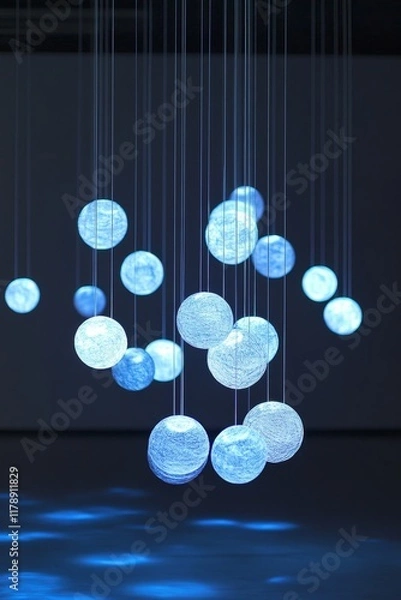 Fototapeta Abstract Installation of Suspended Light Orbs Illuminating Space Creatively