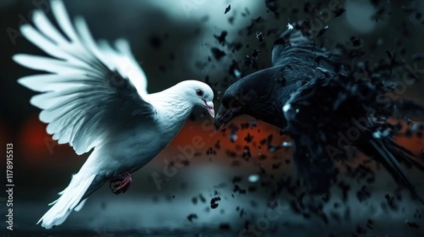 Obraz A striking depiction of a white dove and a black crow locked in an intense moment, showcasing the contrast between light and darkness, symbolizing peace and conflict.