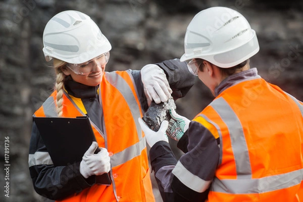 Fototapeta Workers with coal at open pit
