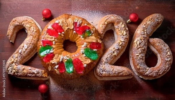 Fototapeta Número 2026 formado por bollos o roscón de reyes, dulce típico del 6 de enero en España