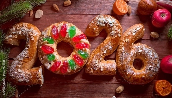 Fototapeta Número 2026 formado por bollos o roscón de reyes, dulce típico del 6 de enero en España