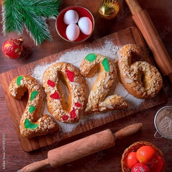 Fototapeta Número 2026 formado por bollos o roscón de reyes, dulce típico del 6 de enero en España