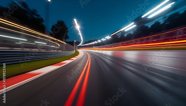 Obraz A thrilling background of a racetrack corner with motion blur effects and glowing speed lines, capturing the essence of high-speed turns and precision driving.