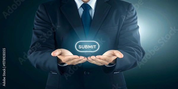 Fototapeta Businessman Holding Glowing Submit Button with Dark Background