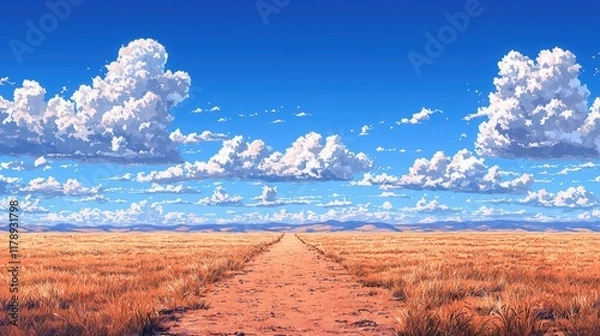 Fototapeta Serene Landscape: A Golden Field Path Under a Vast Blue Sky with Puffy Clouds. Peaceful Nature Scene, Perfect for Relaxation and Inspiration
