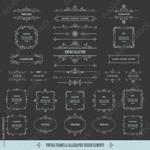 Fototapeta Vintage calligraphic frames, borders, dividers, pagedecoration elements big set on chalkboard.