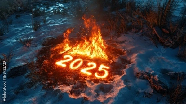 Fototapeta "2025" written in glowing embers on a snowy ground near a bonfire