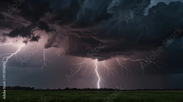 Fototapeta lightning rainstorm,Lightning Bolt Piercing Through Dark Rain Clouds

