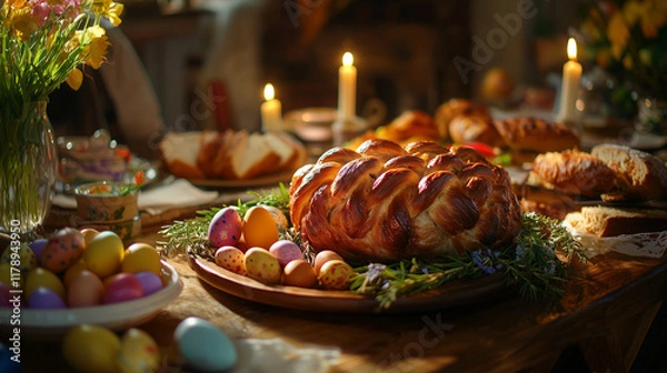 Obraz A festive Easter feast in a countryside home, featuring roasted lamb, braided bread, and colorful eggs, with family members gathered around the table in prayer. 