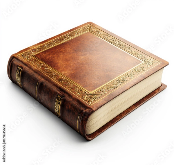 Fototapeta Leather bound book with intricate detailing on the cover resting on a white surface