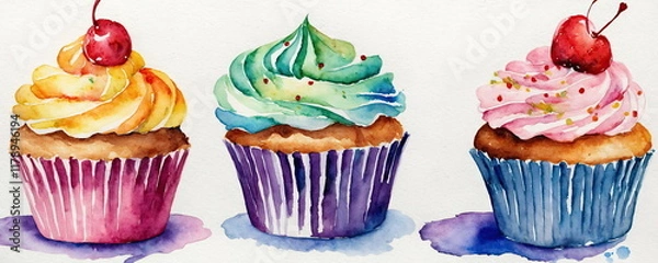 Obraz Colorful watercolor painting of four delicious cupcakes topped with swirls of frosting and cherries on a white background