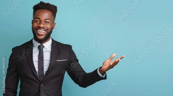 Obraz Portrait of excited, broadly smiling afro american businessman in suit gesturing with hand.  Isolated on blue background with clear, empty, copy space