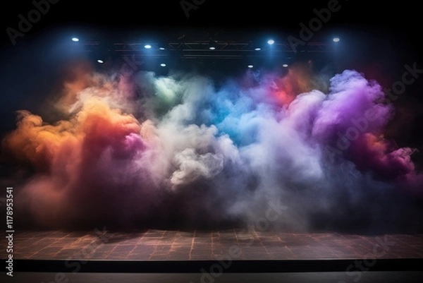 Fototapeta Vibrant Colored Smoke Puffs on Theater Stage Under Dramatic Lighting for Stunning Visual Effects in Performance Arts Setting