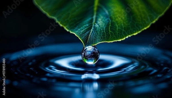 Obraz Leaf, Water Drop, Reflection: A Symphony of Nature's Serenity