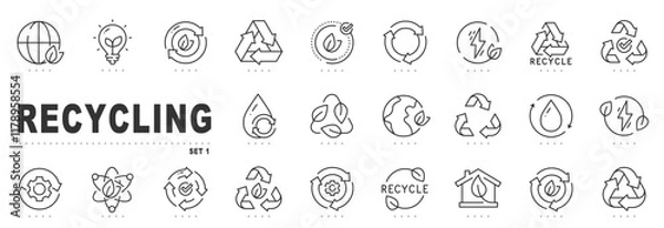Fototapeta Set of recycling related line icons. Eco, save, reduce, reuse etc. Editable stroke.