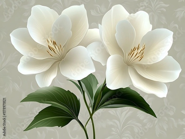 Fototapeta Two elegant white flowers on a patterned background.